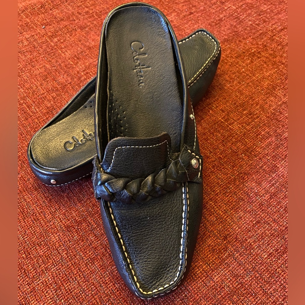 Cole Haan Black Leather Slip-On Mules 6.5 Made In India Braided Detail & Rivets